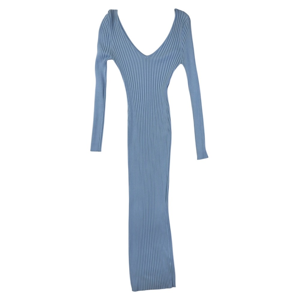 Fashion Nova Ribbed Knit Maxi Dress S Blue Long Sleeve V-Neck Bodycon Feminine